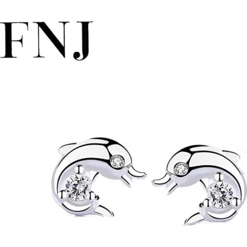 FNJ Dolphin Earrings 925 Silver Jewelry Original Pure S925 Sterling Silver Stud Earring for Women White Cubic Zircon