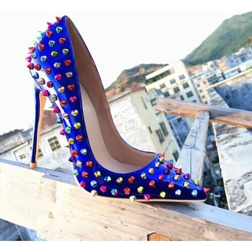 Sexy multi colored heels Shoes Pointed Toe Women Pumps Rivet Studded For Wedding Party Dress Shoes Stiletto Heel 12CM Size 43