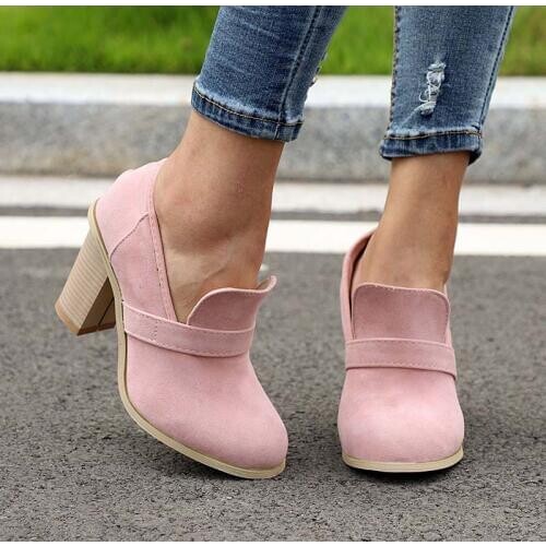Dropshipping Autumn Womens Shoes Vintage Pumps Female Ankle Boots Suede Casual Slip on Clog High Heels Shoes Ladies Round Toe