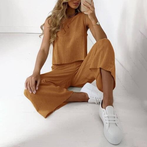Cotton Linen Set Woman 2 Pieces Tracksuits Women 's Sleeveless Blouse Wide Leg Long Pants Sets Female 2021 Summer Casual Suits