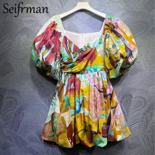 Seifrmann New 2021 Summer Women Fashion Runway Mini Dress Lantern Sleeve High Waist Vintage Print Ladies Cotton Dresses Vestidos