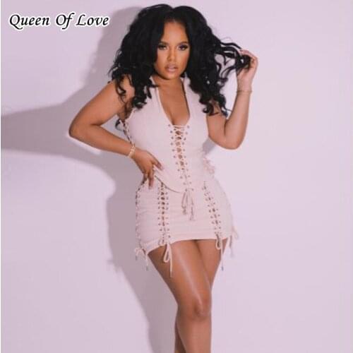 2021 Summer Bodycon Lace Up Deep V-Neck Dress Sleeveless Women Club Party Sexy Double Split Fashion Bandage Mini Dresses