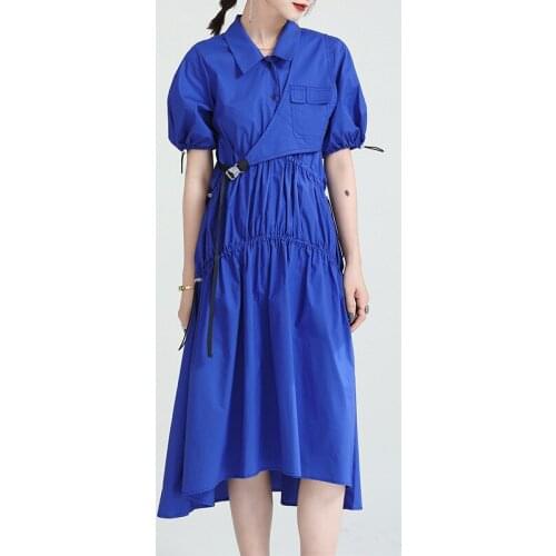 Women Blue Pleated Big Size Long Shirt Dress New Lapel Short Sleeve Loose Fit Fashion Tide Spring Summer 2021 Z951