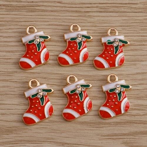 10pcs/lot 17*18mm Enamel Crystal Christmas Socks Charms Pendants for Necklaces Bracelets Handmade DIY Jewelry Accessories Making