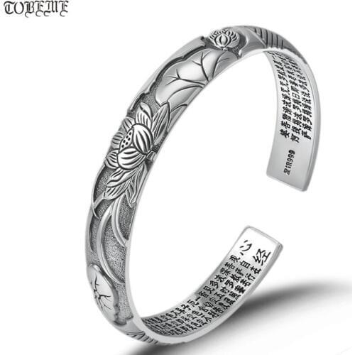 100% 999 Silver Tibetan Lotus Flower Cuff Bracelet the Buddhist Heart Sutra Bangle Women Cuff Bracelet Lady Jewelry Gift