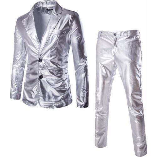 Shiny Coated Metallic Suit Blazer 2020 Luxury Brand 2 Piece Suit (Jacket+Pants) Nightclub Halloween Suits Custom Homme Silver