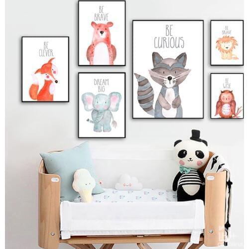 Nursery Girl Boy Bedroom Decoration Canvas Poster Watercolor Baby Animal Racoon Bear Owl Positive Quote Wall Art Print Painting