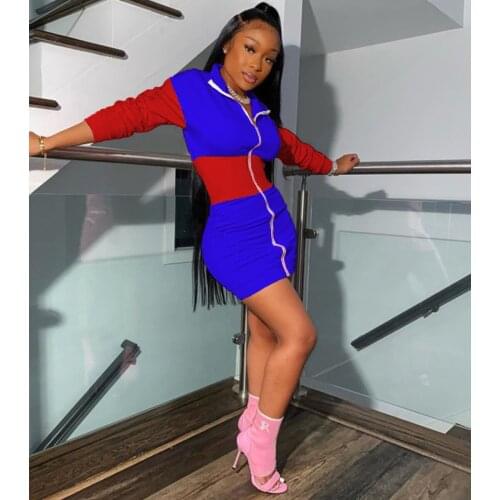 Long Sleeve Short Dress Patchwork Color Zipper Woman Mini Dress Sexy Waist Fall Clothes for Women 2020 Fashion Stylish Dresses