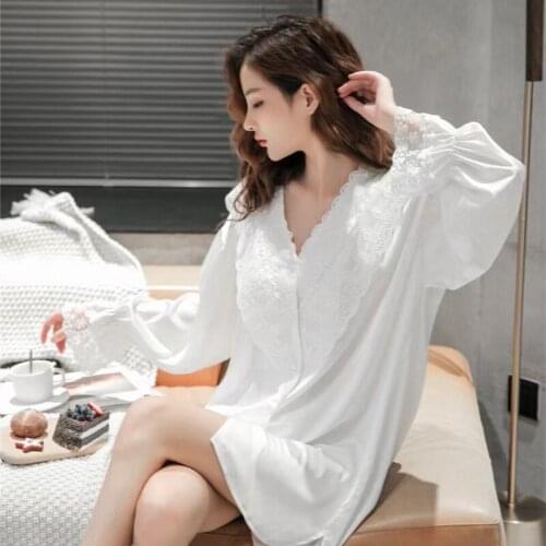 Lace Satin Solid Sleepwear Women V-Neck Ice Silk Nightgown Sexy Cardigan Horn Sleeve Sleepshirts Sweet Princess Gown Homeclothes