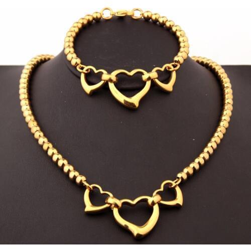 Punk Style Men Boy Stainless Steel Gold Tone Beads Round Rosary Chain Three Heart Link Necklace&Bracelet Womens Jewelry Set