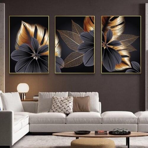 Black Golden Plant Leaf Canvas Poster Print Modern Home Decor Abstract Wall Art Painting Nordic Living Room Decoration Picture