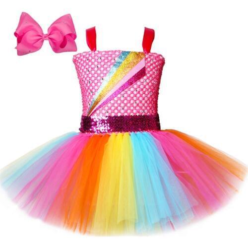 Jojo Siwa Tutu Dress with Hair Bow Rainbow Girls Princess Dress Tulle Kids Tutu Dresses for Girls Holiday Birthday Party Costume