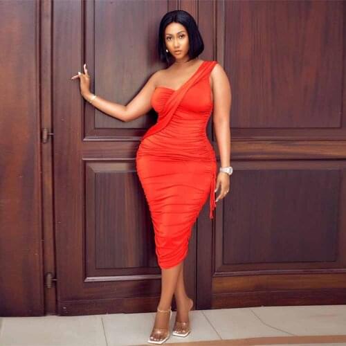 Orange/red/rose Red One Shoulder Pleated Dress for Women Sleeveless Backless Vacation Dress Summer Adjust Drawstring Midi Dress