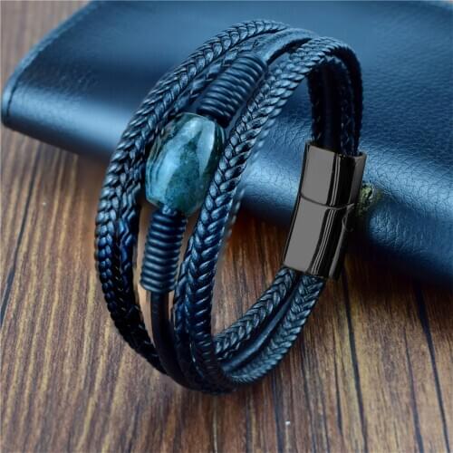 4Pcs/ Set Braided Wrap Leather Bracelets for Men Vintage Multi Stone Charm Stainless Steel Men Beads Ethnic Tribal Wristband