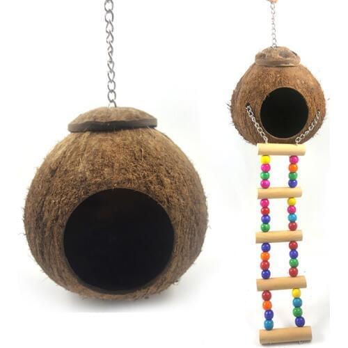 Natural Coconut Shell Small Animal Pet Parrot Sugar Glider Hanging Cage Ladder Set Hamster Cage Bed House Hedgehog Nest Toy