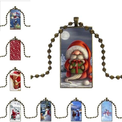 Merry Christmas Gifts Santa Claus Snowman For Women Girl Gift Design Fashion Vintage Glass Women Rectangle Necklace Pendants