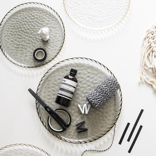 Nordic Style Glass Storage Tray with Glod Rim Dinner Plates Fruit Salad Dessert Bread Plate Food Container