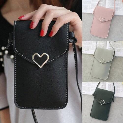 Mobile Phone Shoulder Strap Pu Handbag, Simple Retro Women Smart Phone Wallet, Heart-shaped Clasp Bag, Touch Screen For Iphone
