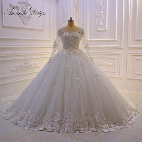 Amanda Design Custom Made High Quality Long Sleeve Lace Appliques Flowers 2019 Wedding Dress