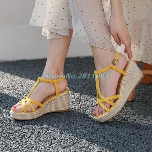 T Strap Rome Women Sandals Suede Yellow Apricot Black Blue Summer Sandals Wedges Platform Sandals Weave Rope Decor Open Toe