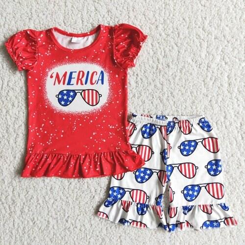 Red Solid Color Top And Sunglasses Pattern Shorts For Kids Independence Day Girl Fashion Letters Design Outfits