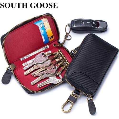 Genuine Leather Unisex Key Wallets Vintage Carbon Fiber Pattern Key Organizer Wallet Men Car Key Holders Women Smart Housekeeper
