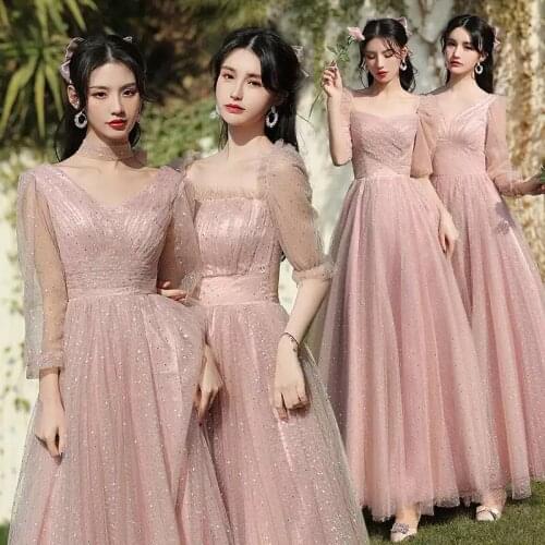 Bridesmaids Dresses Illusion V-Neck Full Floor-Length Tulle Lace A-Line Crystal Pleat Luxury Pink Women Wedding Party Gown E565