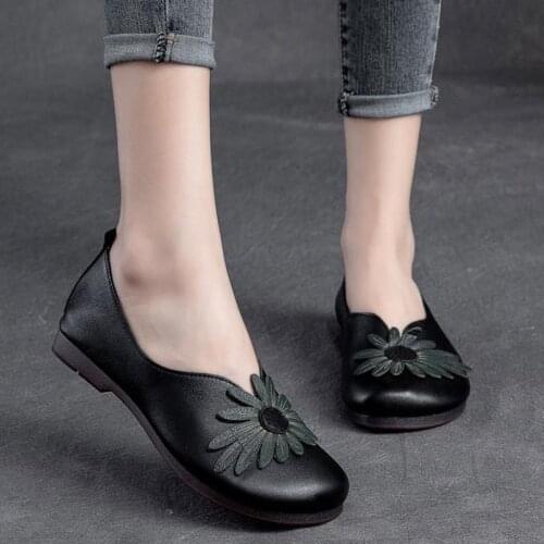 YourSeason Ladies Genuine Leather Floral Flats 2021 Spring Autumn Shallow Concise Handmade Women Round Toe Vintage Shoes