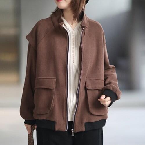 Johnature Women Vintage Jackets Loose Pockets Coats Stand Collar 2020 Winter Solid Color Female Korean Plus Cashmere Style Coats