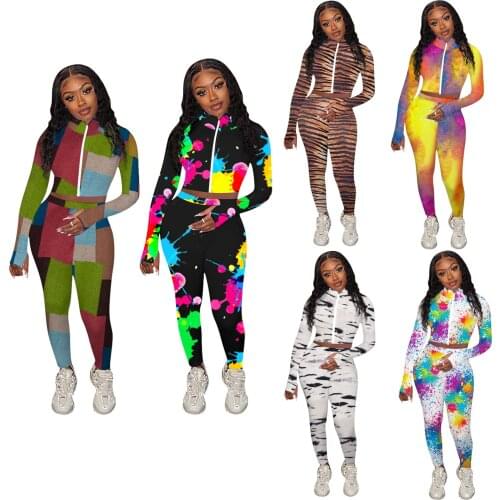 Casual Sport Tie Dye Painted Print Women Long Sleeve Tops Jogger Pants Suit Active Wear Tracksuit Two Piece Set Fitness Outfits