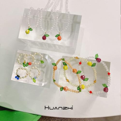 HUANZHI 2021 NEW Korean INS Trendy Transparent Bead Pearl Colorful Resin Fruit Pendant Necklace for Women Girls Party Jewelry