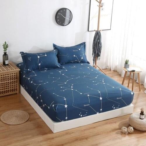 1Pc Fitted Bed Sheet With Elastic Queen Size Bed Cover For Autumn Couvre Lit Blue Color Star Pattern Fitted Sheet(No Pillowcase)