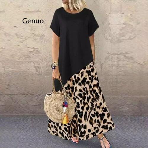 2021 Summer Leopard Maxi Dress Fashion Womens Printed Sundress Short Sleeve Patchwork Vestidos Plus Size Casual Robe 5XL