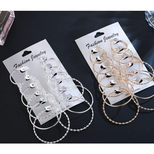 6 Pair Big Silver Color Hoop Earrings Set for Women Large Circle Round Earrings Gold Womens Ear Creoles Loop Classic Jewelry