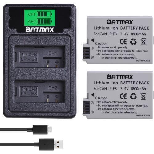 Batmax LPE8 LP-E8 LP E8 Battery+LCD USB Dual Charger with Type C Port for Canon EOS 550D 600D 650D 700D Rebel T2i T3i T4i T5i