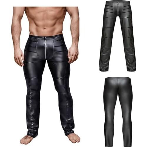 Mens Trousers PU Leather Zipper Open Crotch Pencil Pants Wetlook Broek Fitness Motorcycle Streetwear Gay Latex Lingerie Leggings