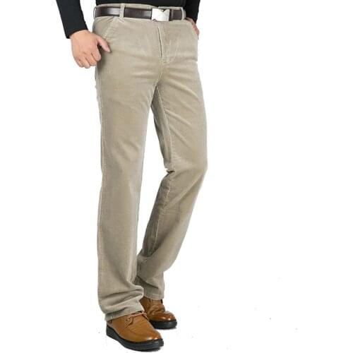 Autumn Winter Warm Men Stretch Corduroy Pants Loose Straight Slacks Long Business Casual Pants Fleece Thicken Corduroy Trousers