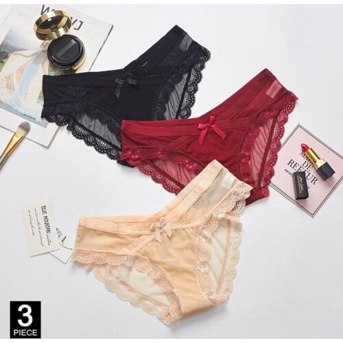 Women Panties Sexy Transparent Mesh Briefs Breathable Underwear Low-Rise Bow Floral Panty for Lady Girl 3 Pcs/set Dropshipping