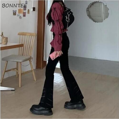 Jeans Women Painted Autumn Flare Trousers Denim Sexy Ripped High Waist New Arrival Vintage All-match Button Full Length Ulzzang