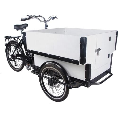 2021 Pedal Electric Bicycle Open Cargo Bike Adult MotorTricycle with Front Wooden Box Shopping Cart for Sale