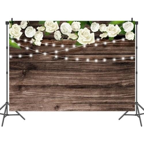 White Flowers on Brown Wooden Board Backdrops Photo Background Decor for Baby Shower Portrait Photography Photocall Studio Props