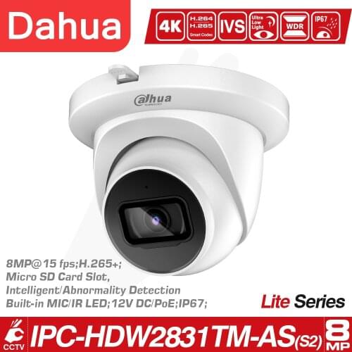 Dahua IP camera Original starlight 8MP 4k IPC-HDW2831TM-AS-S2 security camera outdoor indoor IPC IR 30m H.265 Built-in mic Audio