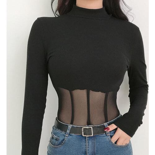 Sexy mesh stitching perspective jumpsuit female design sense careful machine long sleeve top inside a thin bottom shirt tide
