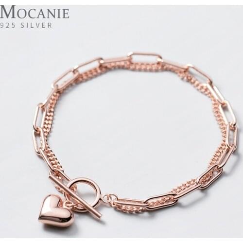 Modian 100% 925 Sterling Silver Sweet Hearts Chain Link Two Layer Classic Basis Bracelet Bangle for Women Fashion Fine Jewelry