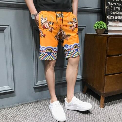 2020 Elastic Waist Harem Cargo New Summer Dragon Printing Shorts Men Pocket Mans Trousers Short Masculino