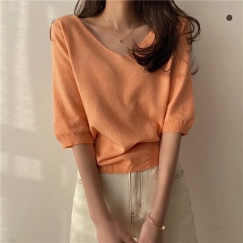 ZCSMLL 2021 New Summer Autumn Womens Temperament V-neck Short-sleeved Knit Sweater Top Bottoming Knitted Women Tops