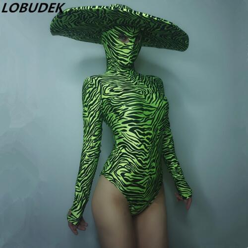 Zebra Pattern Tight Fitting Bodysuit Big Hat Stage Outfit Nightclub DJ Singer Sexy Costume Party Show Dance Team Jazz Leotard