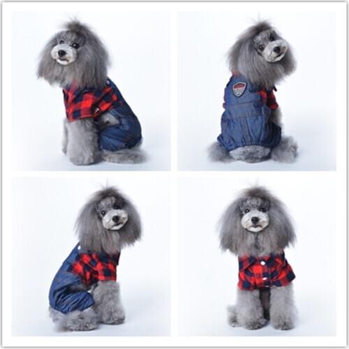 Pet clothes Teddy dog clothes pet clothes fall/winter new polar fleece plaid denim strap four-legged outfit