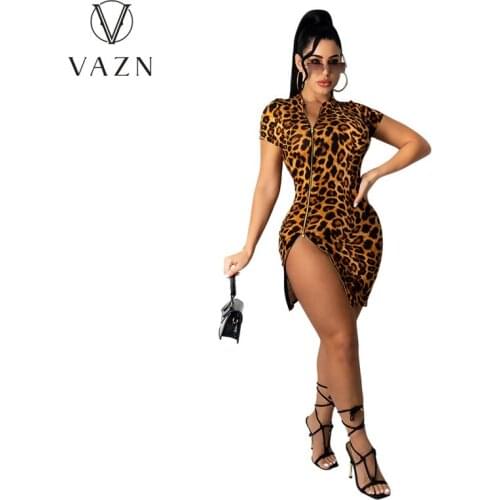 VAZN New 2021 Print Chic Short Sleeve Ladies Slim Elegant Female Dress Women Deep Female Ladies Deep Dress Sexy Mini Beach Dress