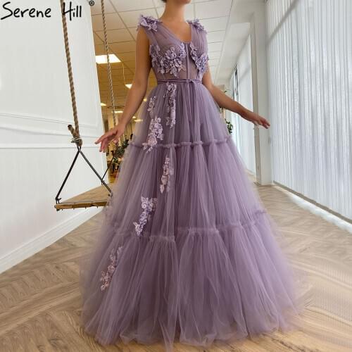 Serene Hill A-Line Lilac Flowers Sleeveless Prom Dress 2021 Perspective Sexy V-Neck Party Wear Gown Floor Length CLA70872